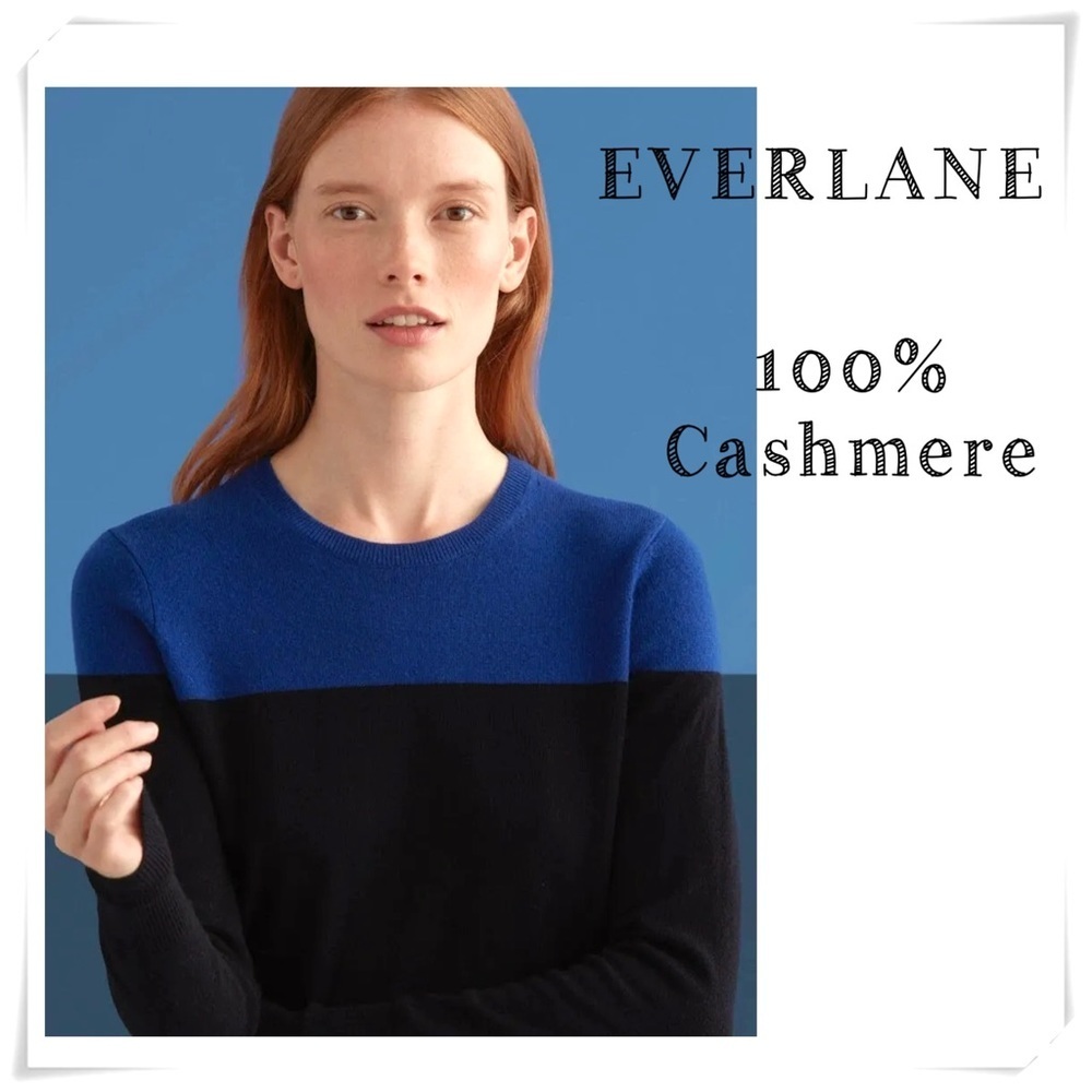 Everlane 100% Cashmere Color Block Crew Neck Sweater in Blue Size M